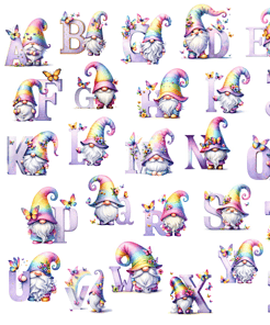 Alphabetical gnome illustrations with rainbow hats, butterflies, and floral accents represent each letter from A to Z.