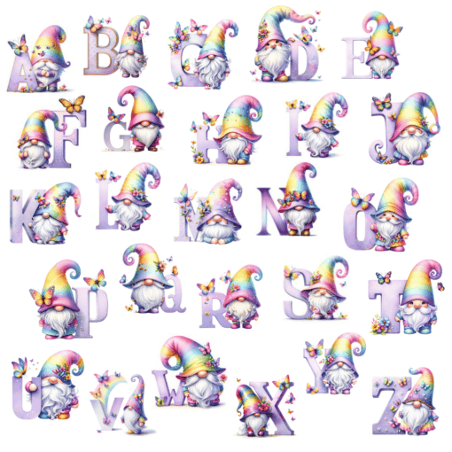 Alphabetical gnome illustrations with rainbow hats, butterflies, and floral accents represent each letter from A to Z.