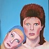 Portrait painting of two people with intense eyes against a blue background, one with a mullet hairstyle.