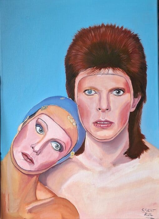 Portrait painting of two people with intense eyes against a blue background, one with a mullet hairstyle.