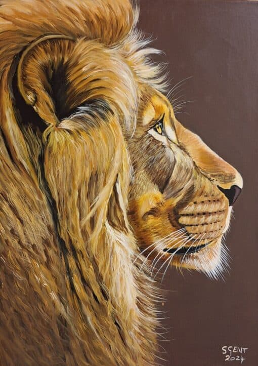 A detailed painting of a lion's profile, showcasing its mane and intense gaze, signed "SSENT 2024.