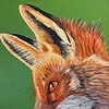 Painting of a fox's head in profile on green background, showcasing detailed fur and a vivid orange eye.