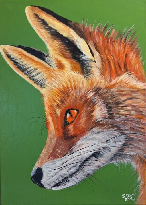 Painting of a fox's head in profile on green background, showcasing detailed fur and a vivid orange eye.