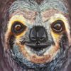 Close-up painting of a sloth with vibrant fur details and expressive eyes.