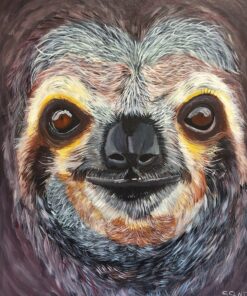 Close-up painting of a sloth with vibrant fur details and expressive eyes.