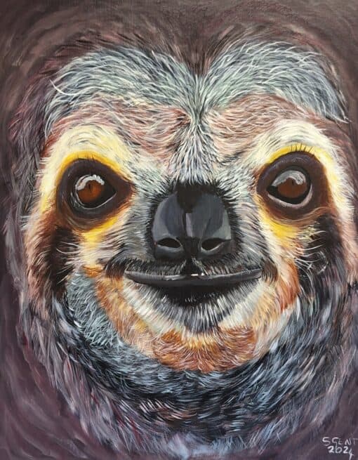 Close-up painting of a sloth with vibrant fur details and expressive eyes.