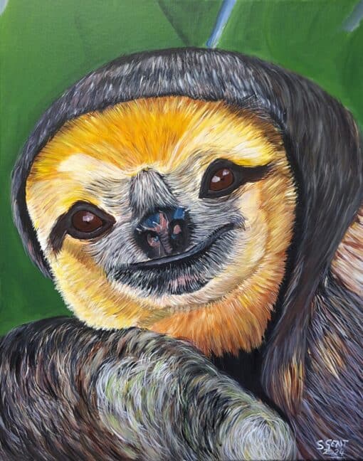 Painting of a smiling sloth with vibrant fur colors and a green leafy background.