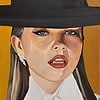 Portrait painting of a woman in a black hat, white shirt, and earrings against a yellow background.