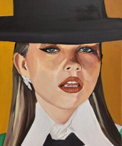 Portrait painting of a woman in a black hat, white shirt, and earrings against a yellow background.