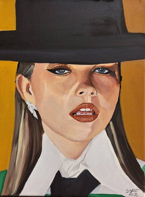 Portrait painting of a woman in a black hat, white shirt, and earrings against a yellow background.