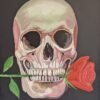 Painting of a skull with a red rose in its mouth against a dark background.