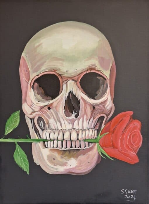 Skull art painting with a rose in its teeth on a dark background, signed "Scent 2024." Original skull painting.