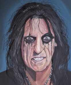 Painting of a person with dark makeup around eyes and long black hair, signed by artist S. Gent, 2024.