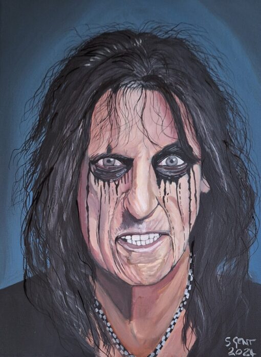 Painting of a person with dark makeup around eyes and long black hair, signed by artist S. Gent, 2024.