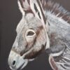 Painting of a donkey in profile on a dark background, showcasing detailed brushwork and realistic fur texture.