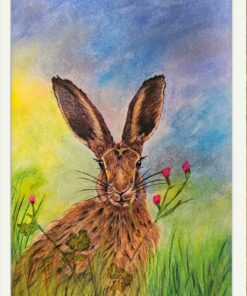 A watercolor painting of a hare in a grassy field with pink flowers, set against a vibrant, multicolored sky.