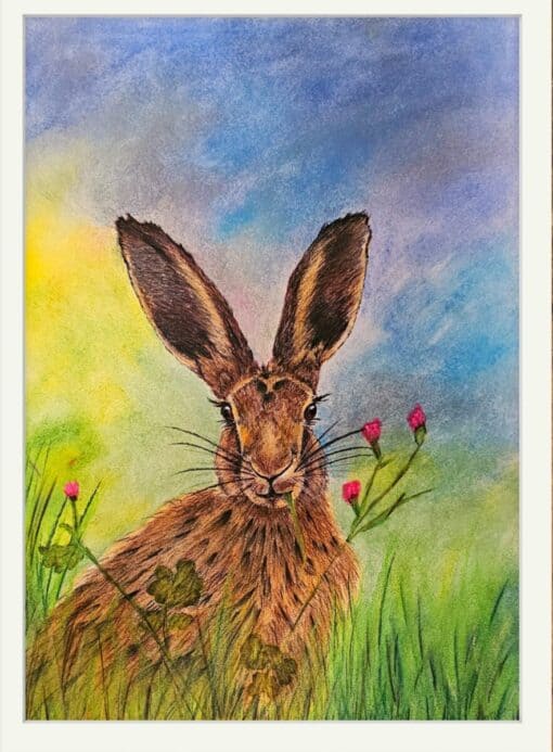 A watercolor painting of a hare in a grassy field with pink flowers, set against a vibrant, multicolored sky.