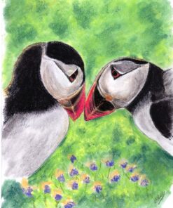 Illustration of two puffins touching beaks, surrounded by green grass and purple flowers in the background.