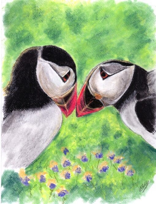 Illustration of two puffins touching beaks, surrounded by green grass and purple flowers in the background.