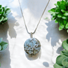 Silver tree of life pendant on a chain, surrounded by green succulent plants on a light background.