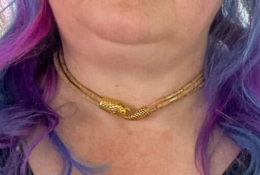 Close-up of a person wearing a beige choker necklace with a gold dragon clasp, and purple and pink hair peeking through.