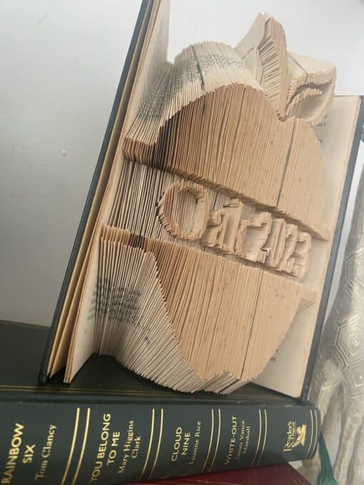 Book pages folded to create an apple shape with "Ohio" cut out, placed on top of a thick book on a shelf.