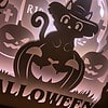 Silhouette of a black cat wearing a witch hat sitting on a jack-o'-lantern with "Happy Halloween" text and tombstones in the background.