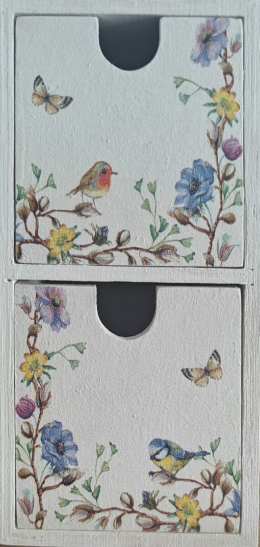 Decorative drawers with floral and bird design, featuring a robin and blue tit among colorful flowers and butterflies.