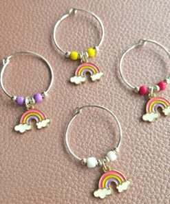 Handmade wine glass accessories with rainbow charms, ideal as creative wine glass identifiers for special occasions.