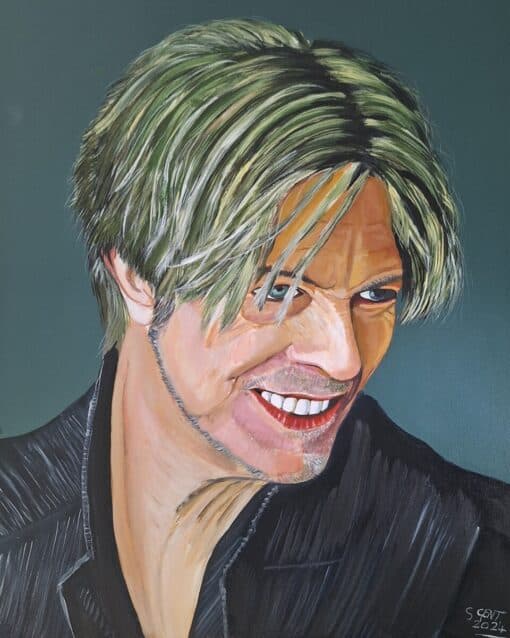 Painting of a smiling man with layered, blonde hair and a dark jacket, signed "S Gent 2024" in the bottom right corner.