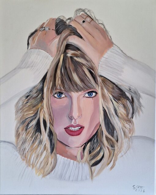 A painting of a woman with blonde hair and blue eyes, holding her head with both hands. She wears a white sweater.