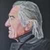 Painting of an older man in profile with white hair and a dark coat against a gray background.