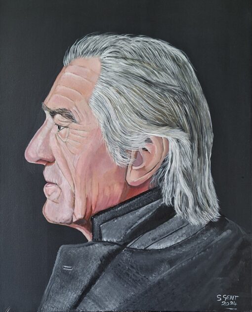 Painting of an older man in profile with white hair and a dark coat against a gray background.