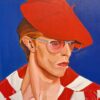 Portrait painting of a person in a red beret and sunglasses against a blue background, wearing a red and white striped jacket.