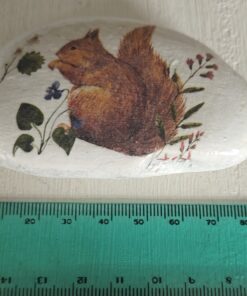 Hand-painted stone featuring a squirrel and flowers beside a green ruler for scale.