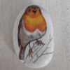 A painted rock with a detailed image of a robin perched on a branch, displayed on a light wooden surface.