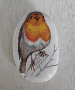 A painted rock with a detailed image of a robin perched on a branch, displayed on a light wooden surface.