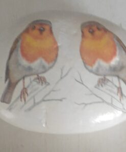 Two watercolor-style robins with orange breasts and grey wings perched on bare branches facing each other.