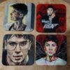 Four illustrated coasters featuring portraits of a person, each with distinct artistic styles and backgrounds.