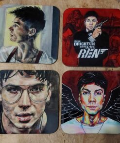 Four illustrated coasters featuring portraits of a person, each with distinct artistic styles and backgrounds.