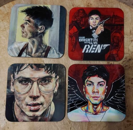 Four illustrated coasters featuring portraits of a person, each with distinct artistic styles and backgrounds.