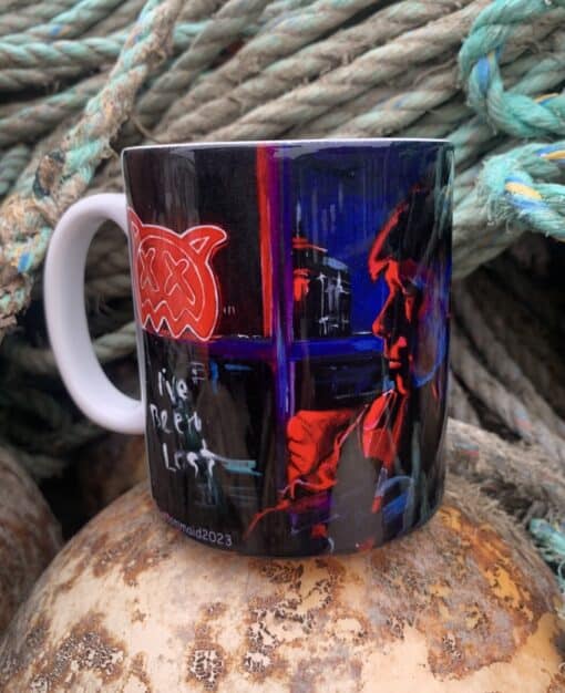 Artistic mug featuring a neon-style portrait and abstract design, set against coiled ropes.