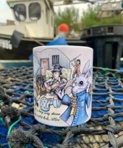 A mug with Alice in Wonderland characters, placed on fishing net, boat in background. Text: "It's a long way down the rabbit hole, Alice.