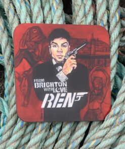 Illustrated coaster on ropes features a suited person with a gun, titled "From Brighton with Love Ren.