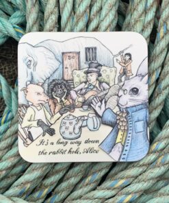 Illustrated card with whimsical animal figures having tea, captioned “It’s a long way down the rabbit hole, Alice.”