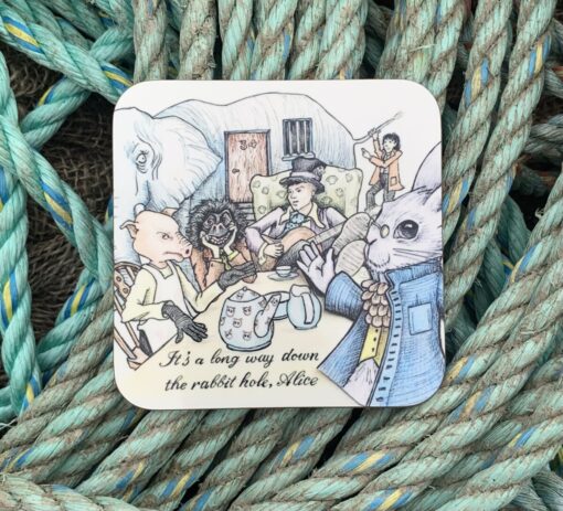 Illustrated card with whimsical animal figures having tea, captioned “It’s a long way down the rabbit hole, Alice.”