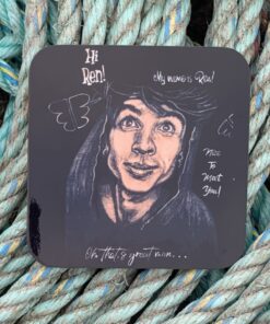 Illustrated portrait of a person named Ren with text: "Hi Ren! My name is Ren! Nice to meet you!" on a rope background.