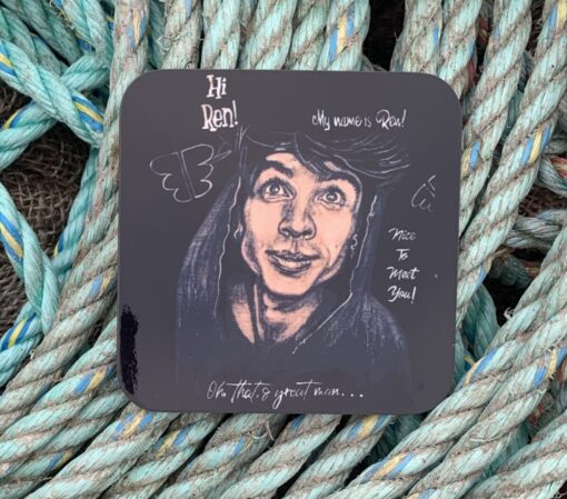 Illustrated portrait of a person named Ren with text: "Hi Ren! My name is Ren! Nice to meet you!" on a rope background.