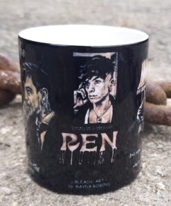 A mug featuring artistic portraits and the text "Truth in a blender," with "Bleach Art by Rayna Robins" on a textured surface.