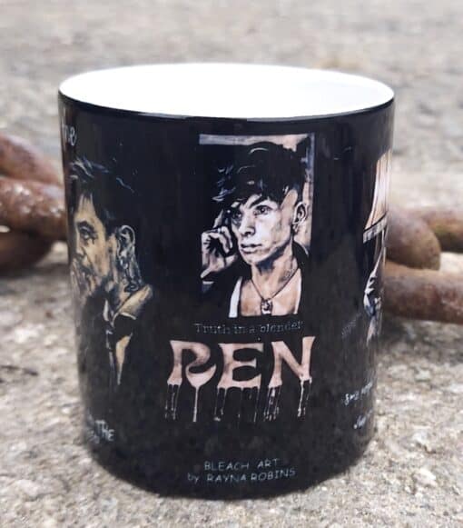 A mug featuring artistic portraits and the text "Truth in a blender," with "Bleach Art by Rayna Robins" on a textured surface.